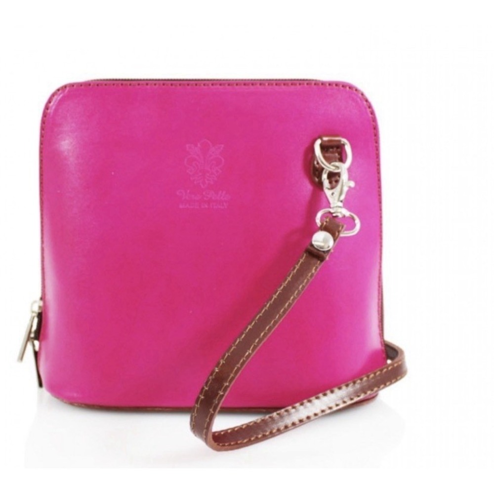 Ladies Square Shaped Vera Pelle Small Leather Crossbody Shoulder Bag Pink